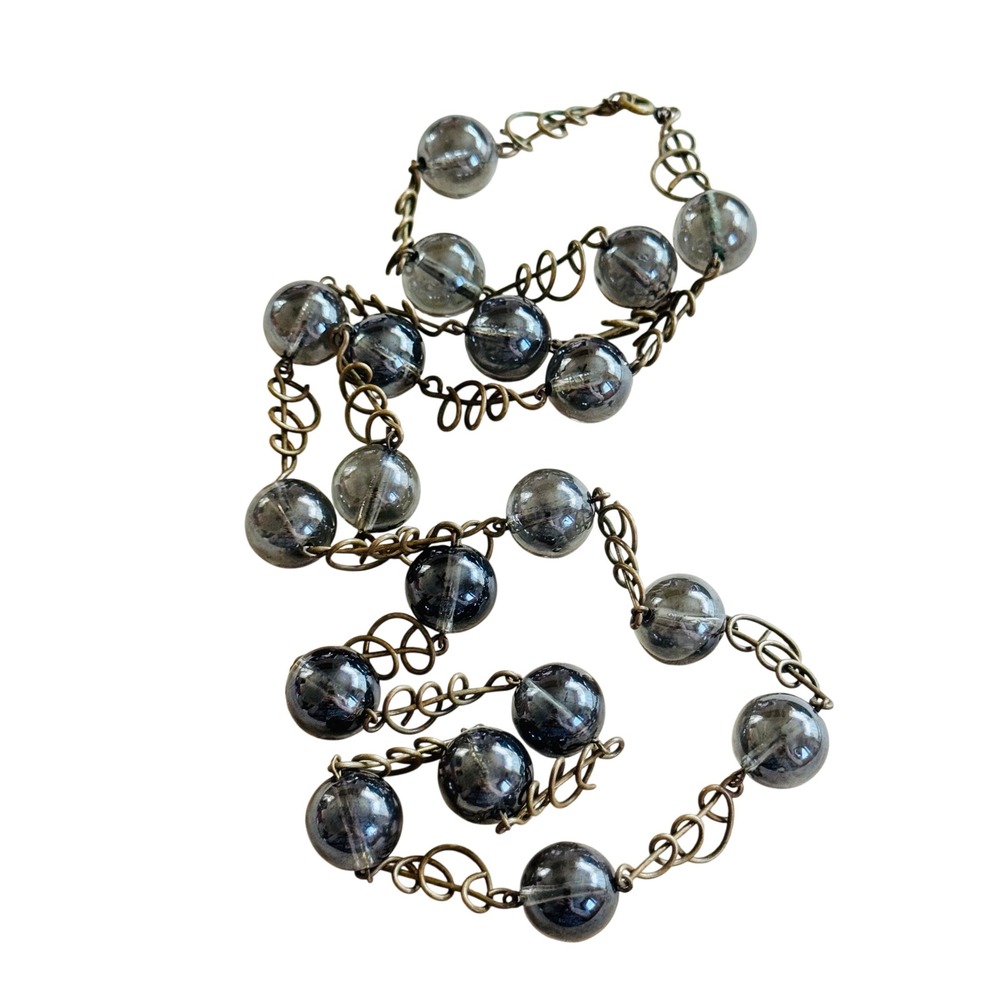 VTG Czech Gray Spherical Glass‎ Necklace Collar Brass BOHO Retro Beaded 70s 30"